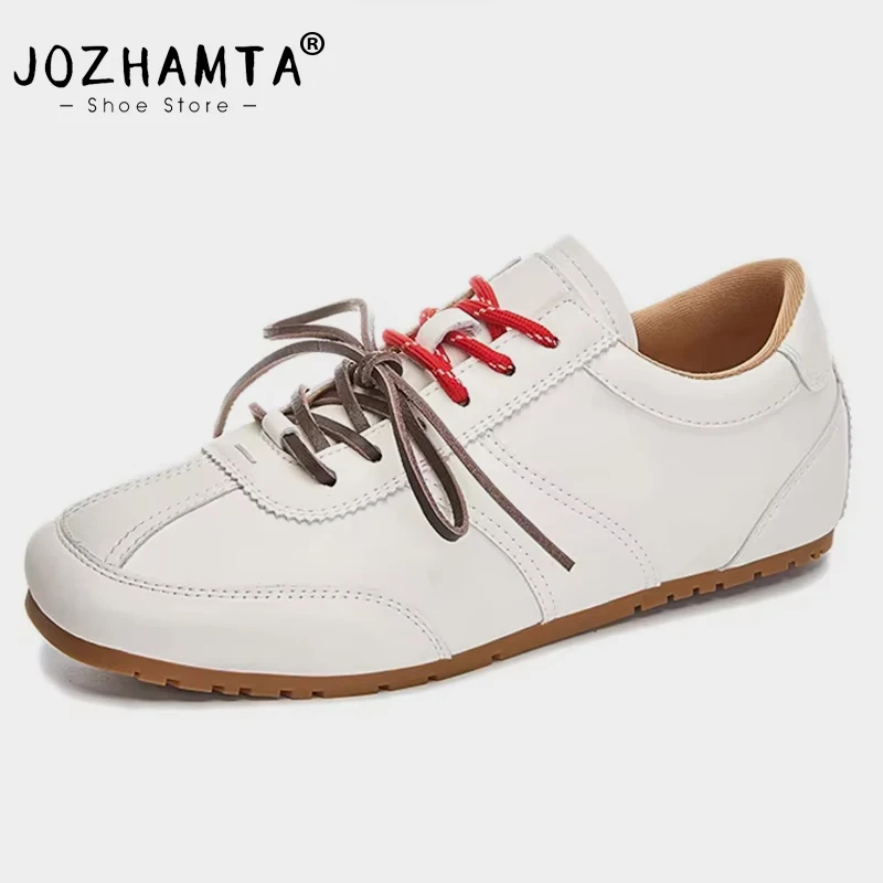 JOZHAMTA Size 35-40 Women Leopard Sneakers Real Leather Lace-Up Casual Low Heels Tennis Flats Shoes Classic Square Toe Daily