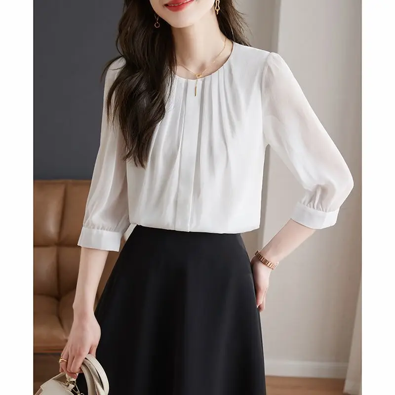 Casual White Pleated Blouse Women Classic Transparent 3/4 Sleeve O-collar Temperament All-mathc Chiffon Pullover Shirt 2023