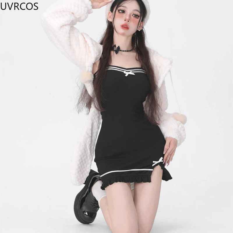 Autumn Winter Sweet Lolita Style 2 Piece Set Women Kawaii Bunny Ear Hooded Wool Coat Sexy Bow Slip Dress Female Korean Cute Suit