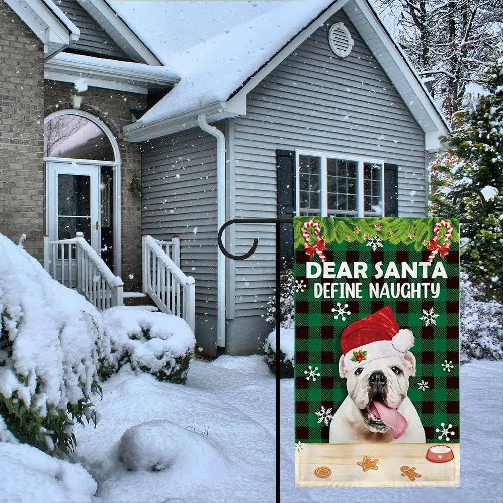 Christmas Xmas Winter Funny Brittany Spaniel Dog Garden Flag Green Buffalo Snowflake Yard Outside Decoration Flag Dear Santa Def