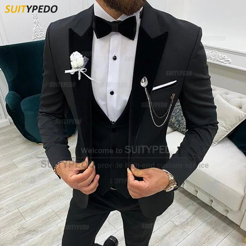 

Fashion Black Suits for Men Slim Fit Prom Wedding Blazer Vest Pants 3 Piece Formal Groom Groomsmen Men Homecoming Clothings Set