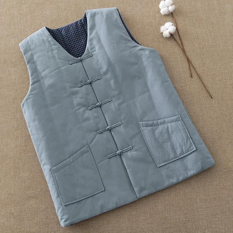 

Cotton Vest Coat Chinese Style Disc Buckle V-Neck Pocket Sleeveless Warm Waistcoat Autumn Winter Vintage Solid Chaleco Hombre