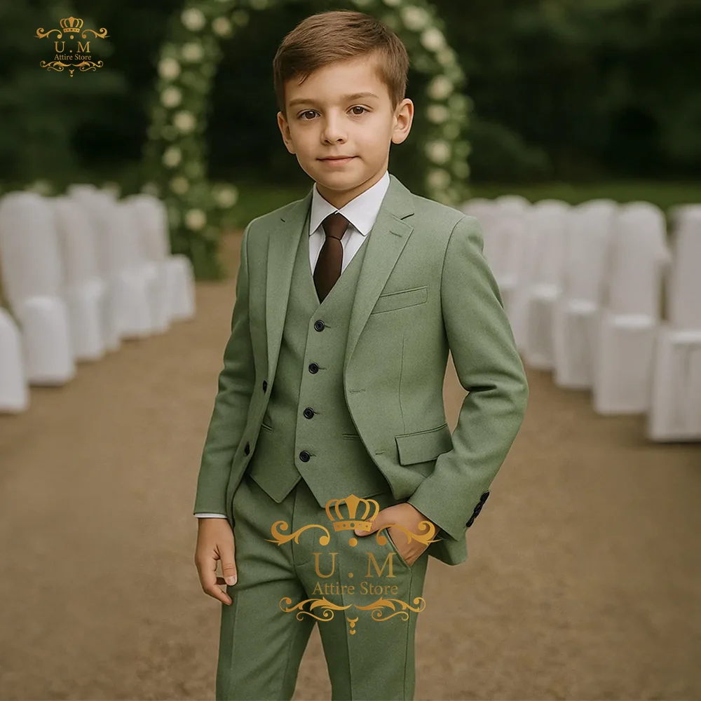 

Элегантный костюм шалфейного зеленого цвета для мальчиков, комплект из 3 предметов, куртка, жилет, брюки, индивидуальный наряд для свадьбы, рождественского ужина, детский смокинг, подарок