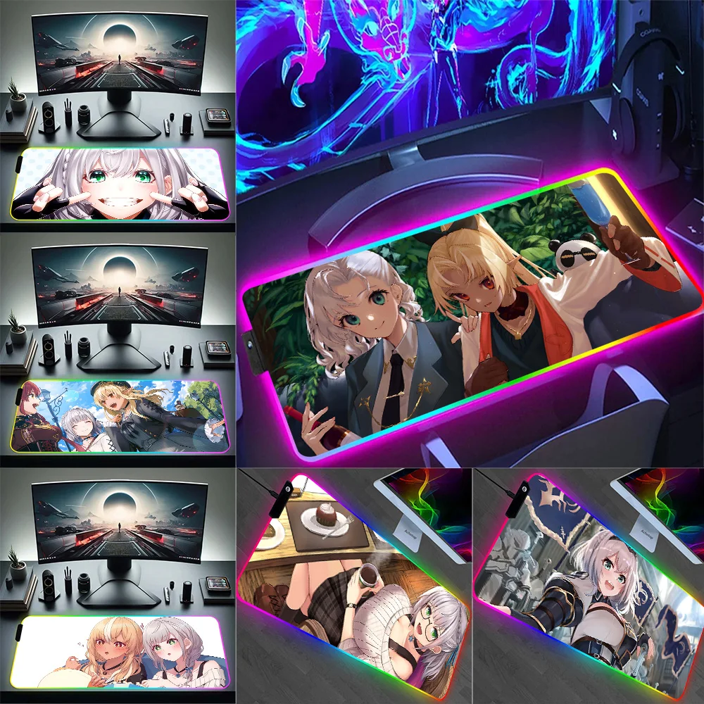 H-Hololive Shirogane Noels RGB Pc Gamer Keyboard Mouse Pad Mousepad LED Glowing Mouse Mats Rubber Gaming Computer Mausepad