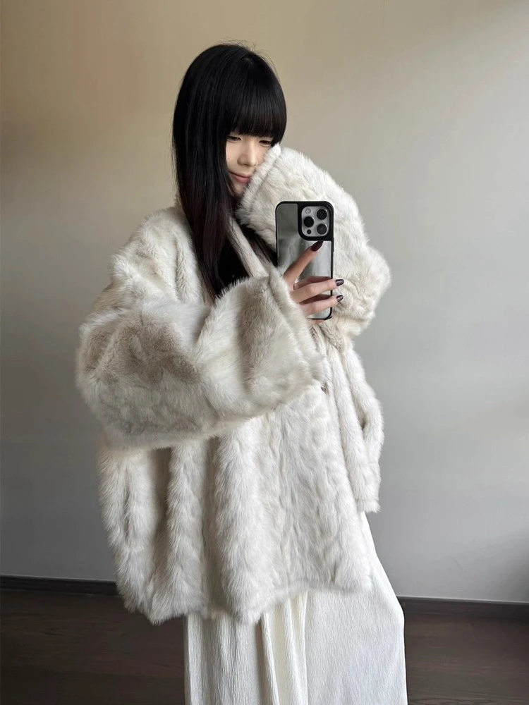 Faux Fur Women Coats Bat Sleeve Mid Length Coat Thick Warm Y2k Streetwear Elegant Jackets Open Stitch Outerwear Autumn Winter