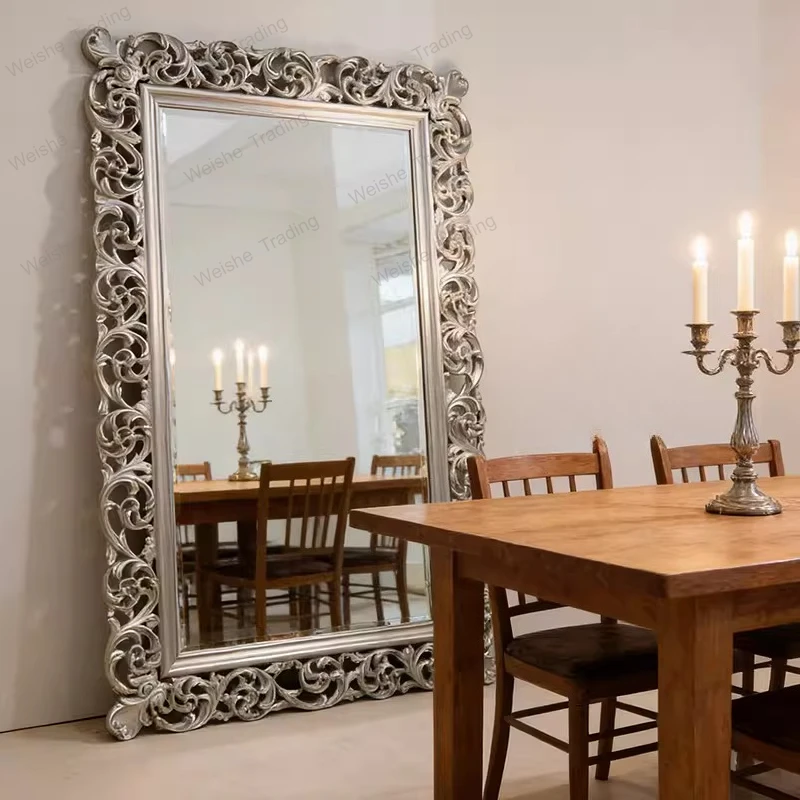 French vintage full-length mirror, wood heavy work, dressing, American baroque fitting, floor-mounted mirror