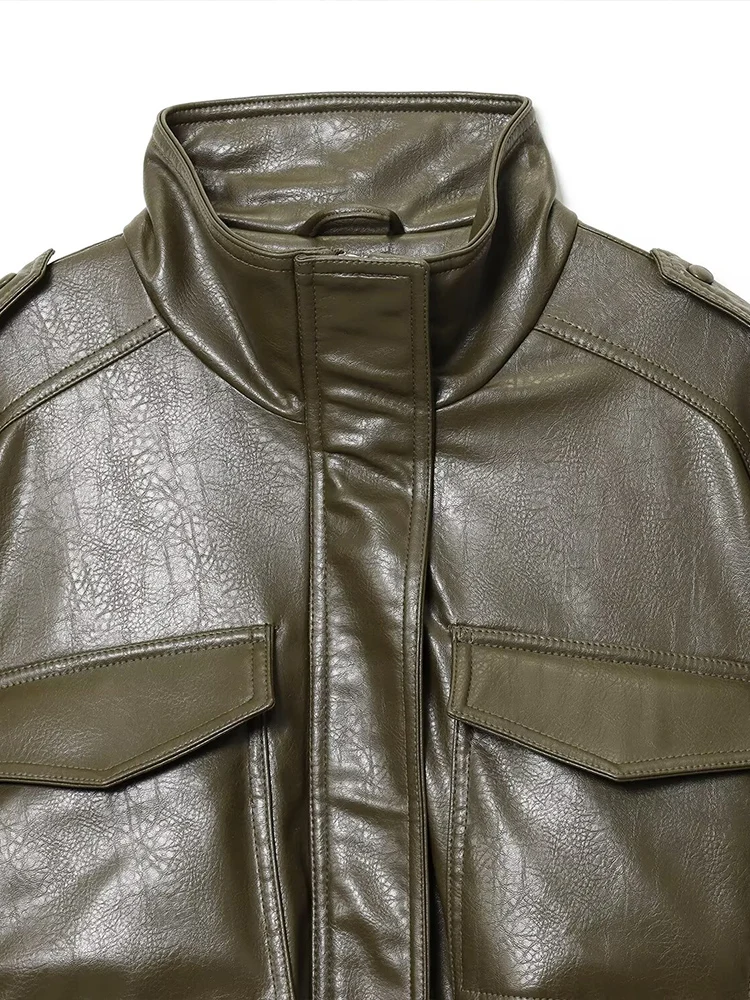 Otoño nueva moda mujer ropa de motocicleta brillante imitación cuero cuello alto chaqueta de manga larga abrigo corto chaqueta de cuero