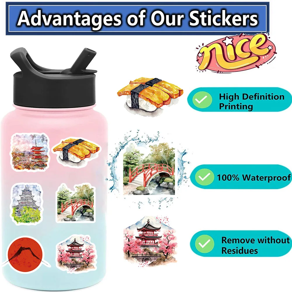 64pcs Watercolor Japan Travel Cartoon Graffiti Sticker DIY Phone Guitar Laptop Notebook Suitcase Cup Waterproof Sticker Kid Toy﻿