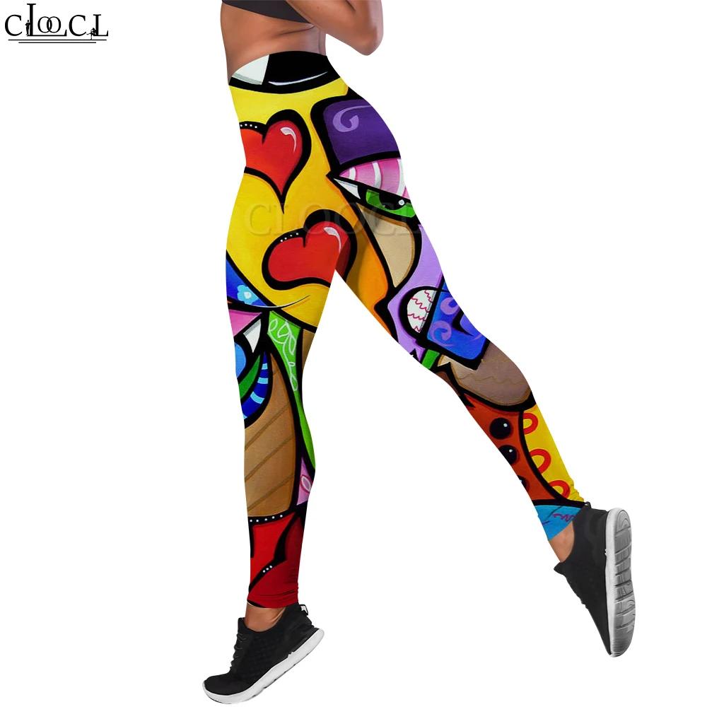 

CLOOCL Women Leggings Cartoon Bohemian Face Art Print Fitness Leggings Hip Lifting High Waist Slim Tights Trousers for Lady