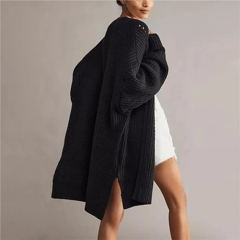 معطف سترة محبوكة فضفاضة مع كيتات للنساء لخريف وشتاء ثي طويل Sve لون نقي فانوس Sve مادة البولي يوريثان