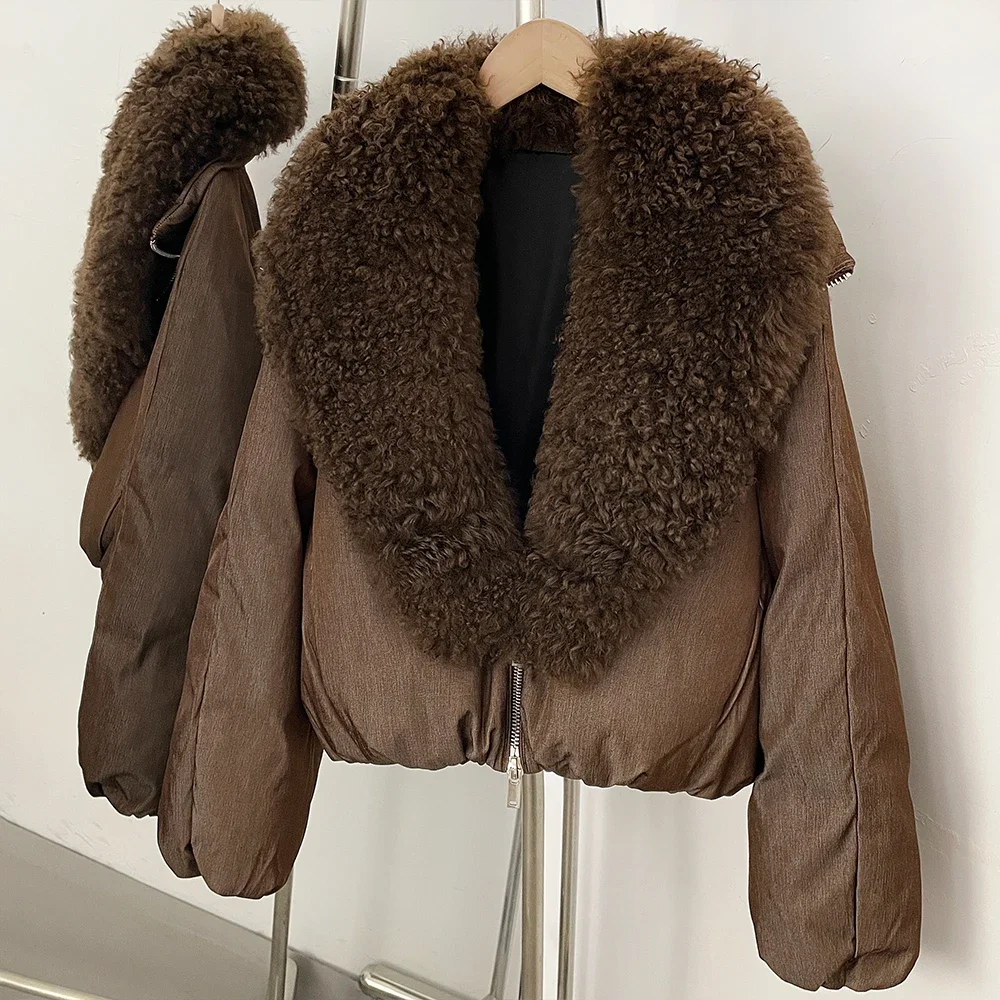 OFTBUY Shiny Zipper Duck Down Jacket Female Warm Outerwear Winter Real Lamb Fur Collar Coat Women Cropped Loose Puffer Coat