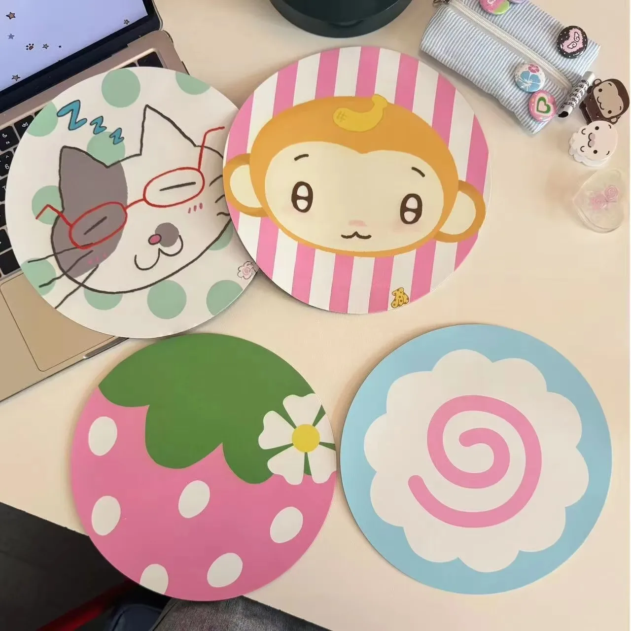 Pink Monkey Line Cat Creative Strawberry Flower Rubber Mouse Pad Anti Slip Waterproof Office Computer Game Desktop Decoration
