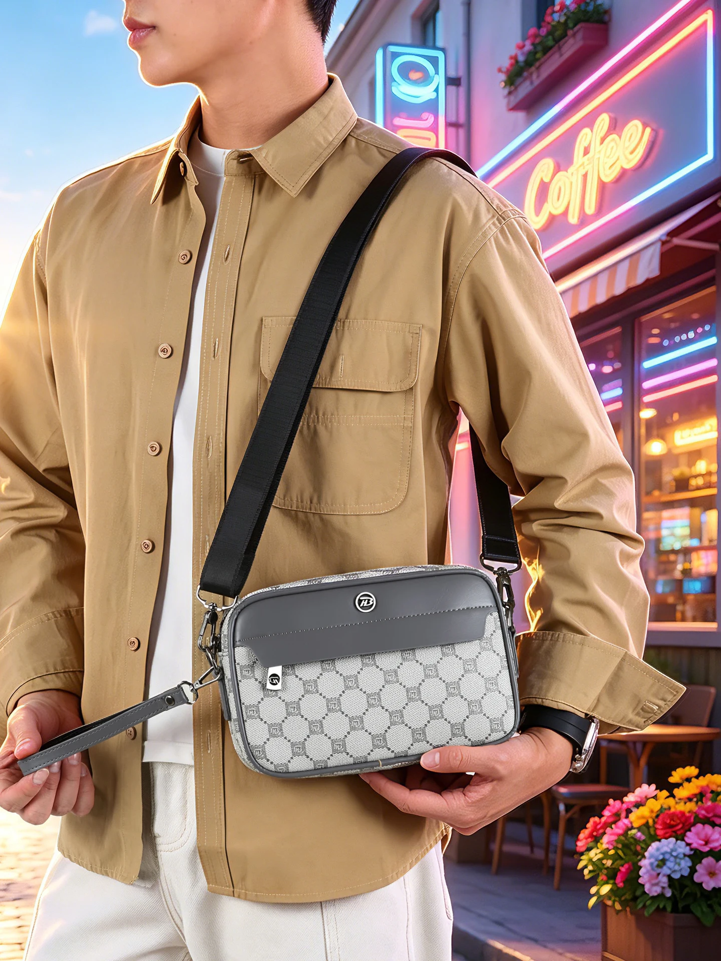 Waterproof Casual Men's Crossbody Bag Fashionable Square Shoulder Bag Youth Small Handbag Leisure Trendy PVC Material