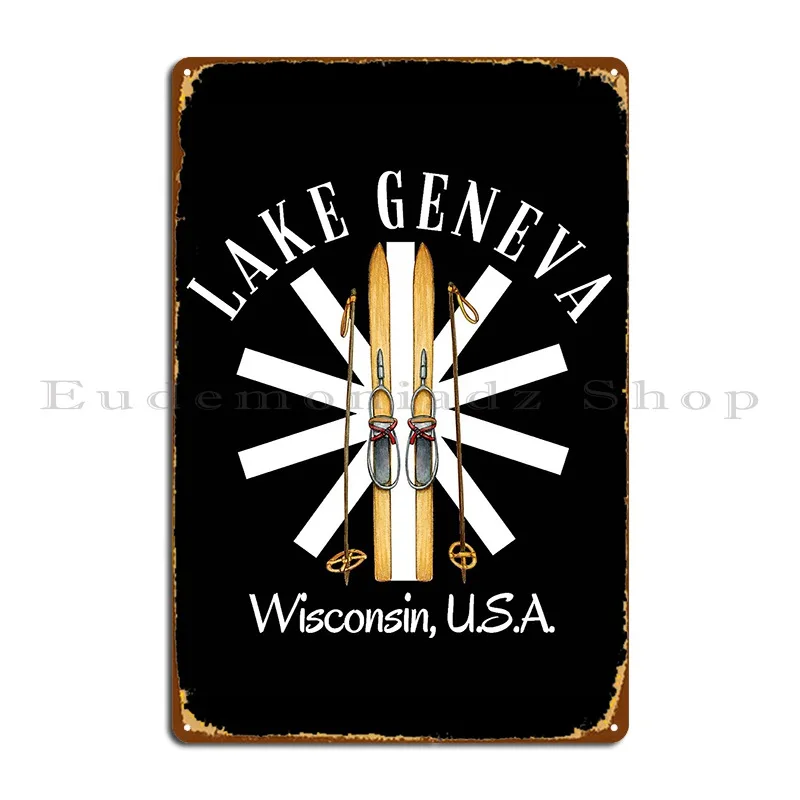 Vintage Style Lake Geneva Wisconsin Antique Skis Snowflake White Metal Plaque Design Club Design Create Custom Tin Sign Poster