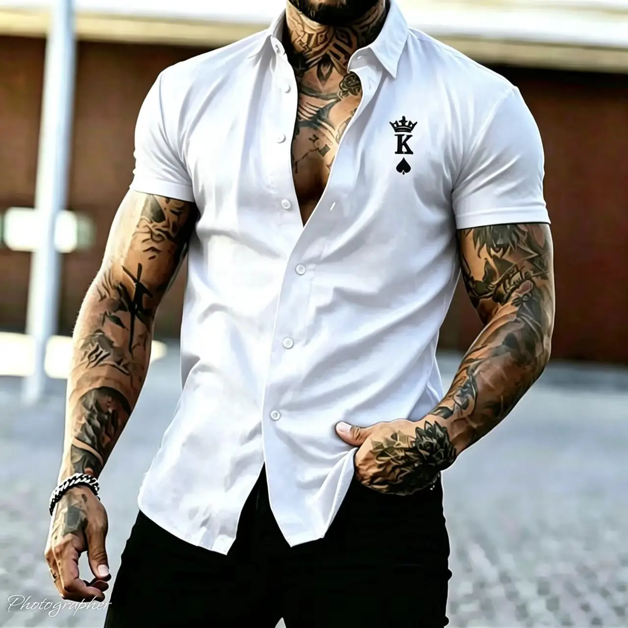 Men's Slim Fit Short Sleeved Shirt, Crown K-Letter and Spade Print Striped Cuff Lapel Shirt, Casual Men's Streetwear Top