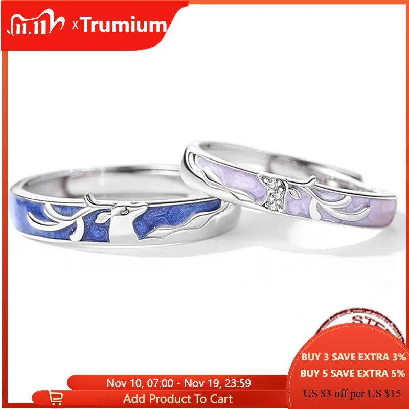 

Trumium 100% S925 Sterling Silver Antler rings for Couple Woman Jewelry Zircon Opening Lover Ring Girl Gift