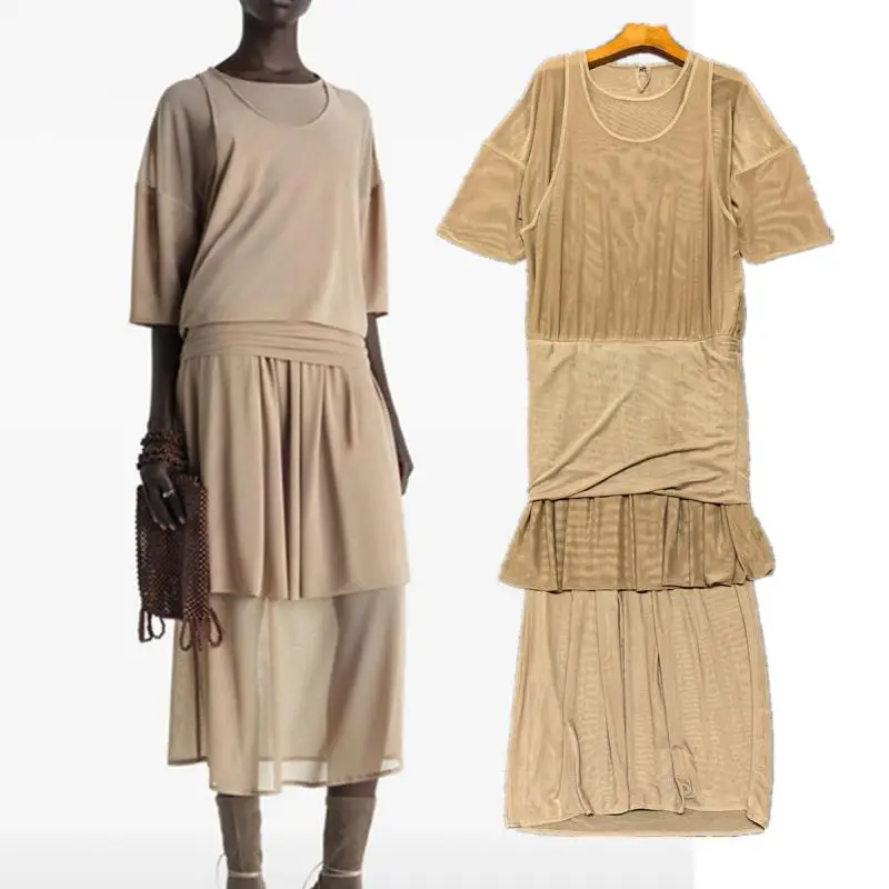 

Dave&di Dress Women's Casual Dresses Female Clothing Mesh Dress For Spring And Summer Waist Cinching Strap Mid Length Dresses