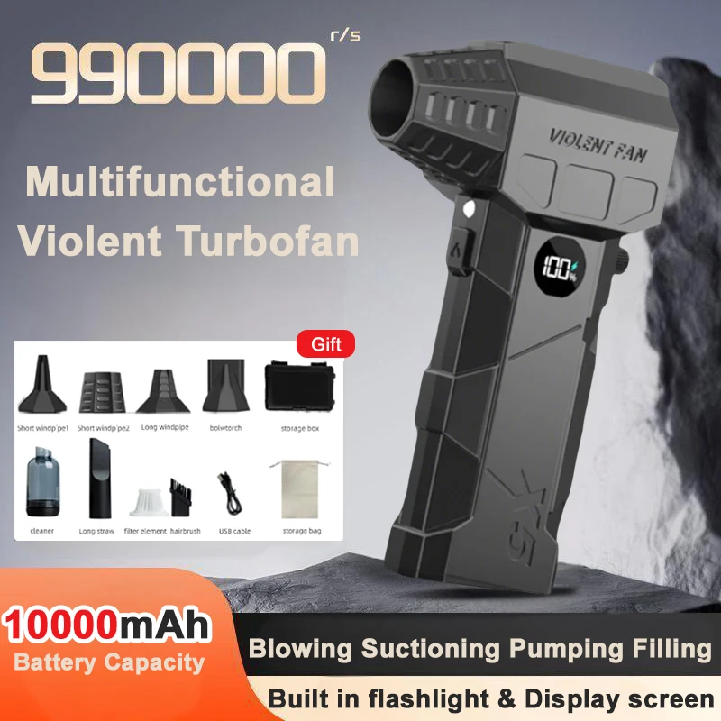 

Турбоструйный вентилятор 990000 об/мин, мощный воздуходувка, бесщеточный двигатель, турбовентилятор, скорость ветра, 65 м/с, 10000 мАч, жестокий воздуходувка ﻿ 2025