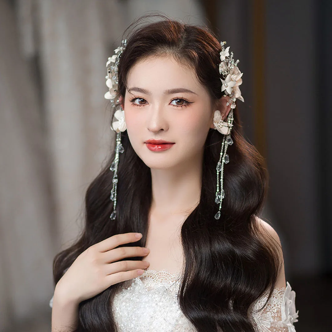 Schöne Braut Tiara koreanischen Stil Blume Super Fee handgemachte Kristall Fransen Haarnadel Ohrring Set für die Ehe