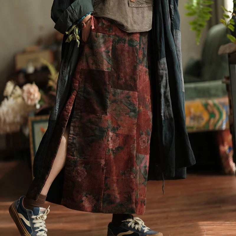 100% Cotton Corduroy Casual Skirt Women New Arrival 2025 Autumn Vintage Style Floral Print Female A-line Long Skirts M2033