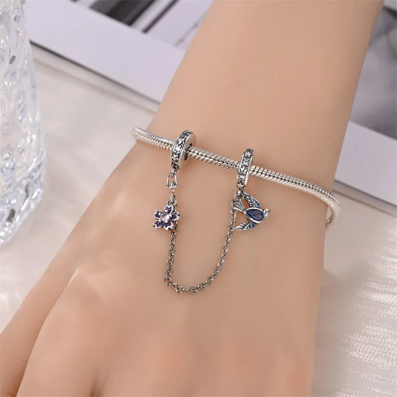925 Sterling Silver Charms Bead CZ Zircon Flower Swallow Safety Chain Fit Original Bracelet DIY Women Jewelry Gift