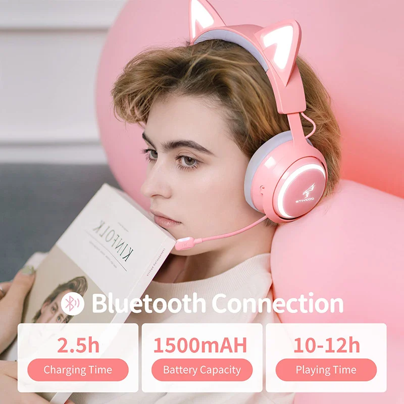 New GS510 Wireless Bluetooth Cute Luminous Cat Ear Headphones HD Mic Music Game Live 3-mode adjustment Headset for PC MAC