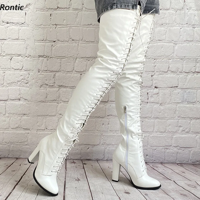 

Rontic Handmade Ladies Winter Thigh Boots Lace Up Chunky Heels Round Toe Beautiful White Casual Shoes US Size 5-20