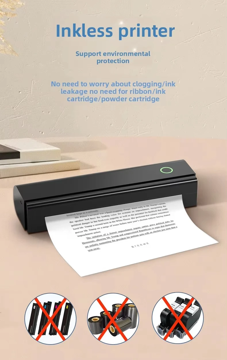 Portable Wireless Printer A4 Inkless USB Thermal Printing 2600mAh Battery 203dpi Resolution