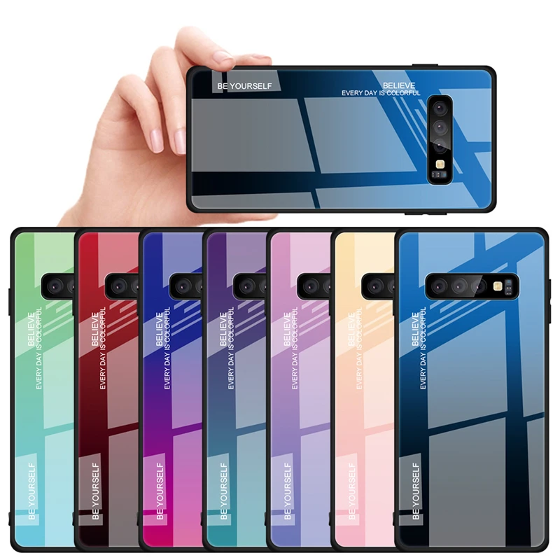 Gradient Color Case For Samsung Galaxy S10 S10e S9 S8 Plus A7 A8 A6 J4 J6 Plus 2018 Note 8 9 10 Plus Tempered Glass Back Cover