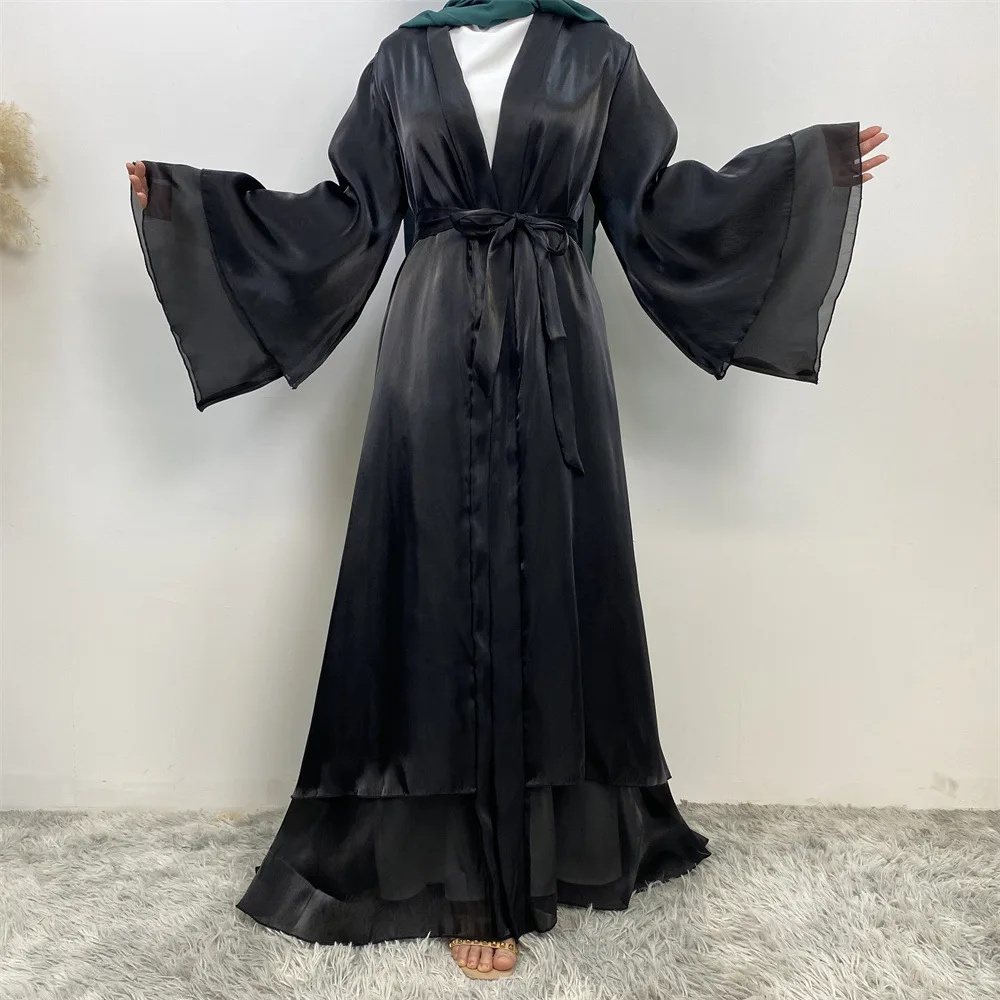 New Fashion Muslim Robe Shiny Satin Cardigan Islamic Abaya Women Middle East Robe Dress