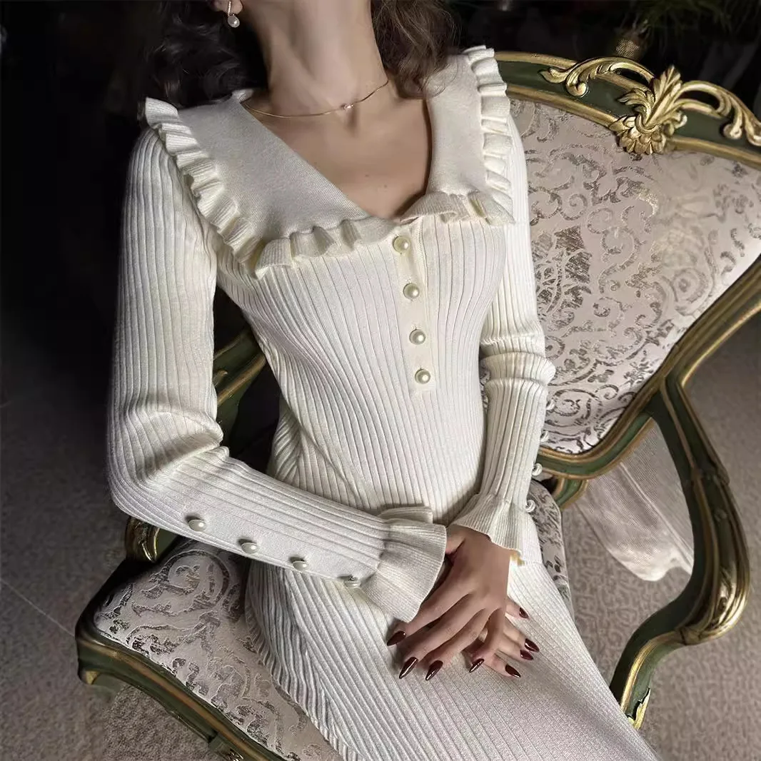 Europese en Amerikaanse jurk met ruches voor dames 2025, herfst en winter, nieuwe gebreide rok, Franse retro lange rok