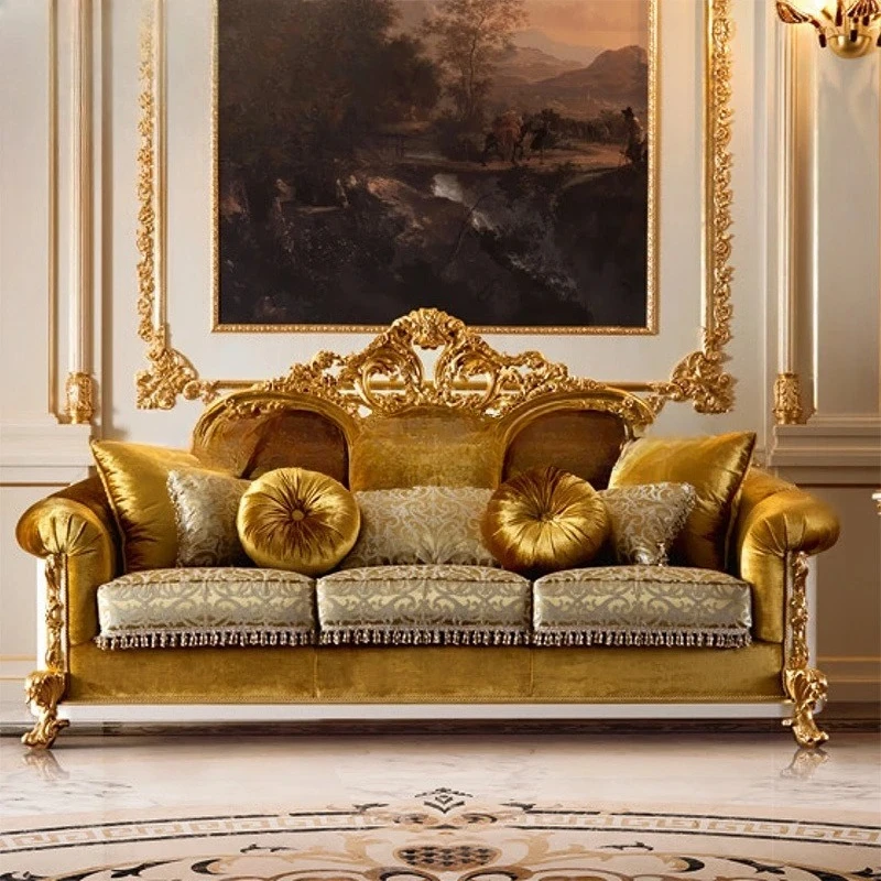 neoclassical sofa solid wood hand-carved sofa large apartment fabric three-person sofa combination