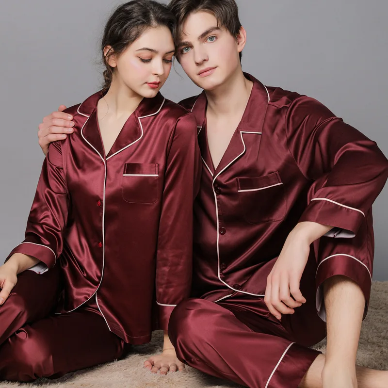 PLUS SIZE Couple Pajamas Set Spring Autumn Sleepwear Long Sleeve Trouser Suit Pyjama Fashion Loose Satin Home Wear Lounge Wear