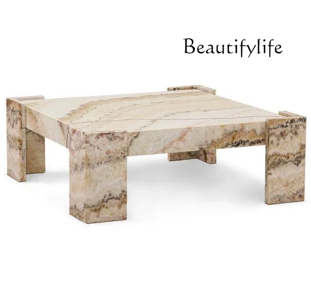 

Light luxury natural marble square coffee table designer living room yellow cave stone tea table living room home