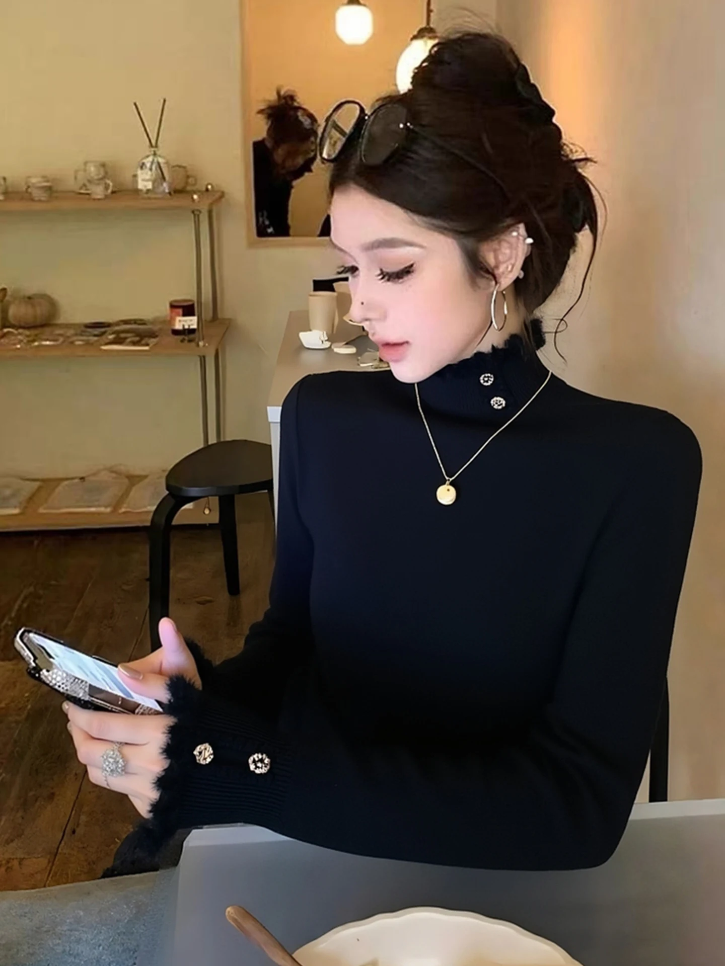 

Женский вязаный свитер Ele Bla с высоким воротником и длинными рукавами, базовый слой, корейская версия, приталенный крой, зимний, для повседневной носки