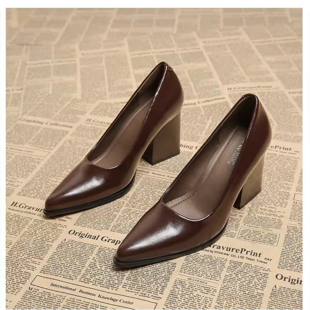 2026 Neue Frühlings-Damen-Pumps Modische Spitze Slip-On Schuhe Elegante Arbeitsschuhe mit Dickem Absatz aus Leder – Detail 2