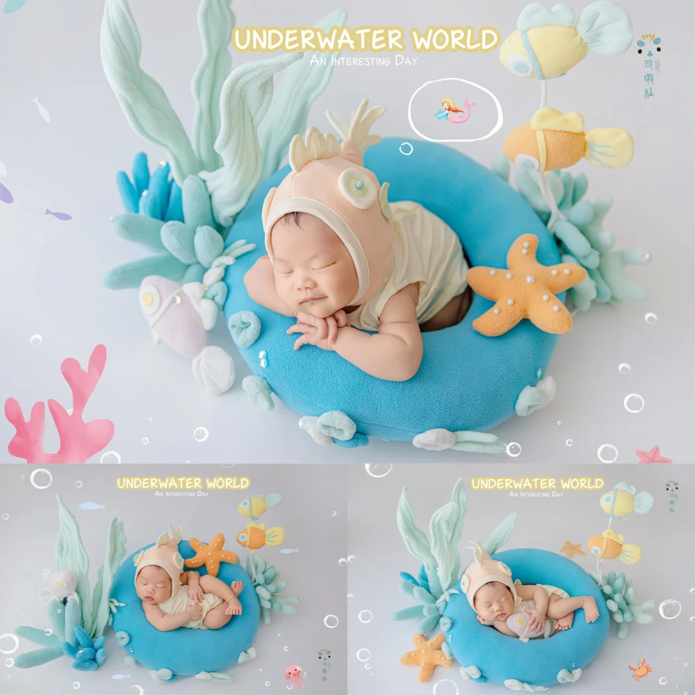 Underwater World Newborn Photoshoot Props Set Cute Fish Hat Photo Outfit Round Posing Nest Plush Ocean Coral Starfish Decor Prop