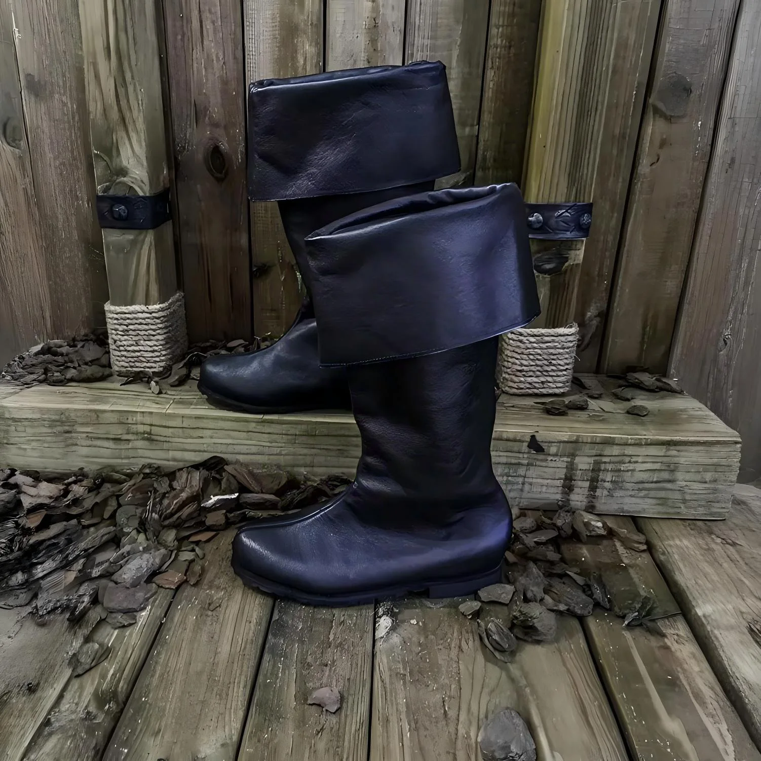 Mittelalterliche Renaissance-Klappstiefel bis zur Wadenmitte, flache Stiefel aus Retro-PU-Leder und Wildleder, Cosplay-Piraten-Halloween-Kriegerschuhe, Schuhwerk – Detail 10