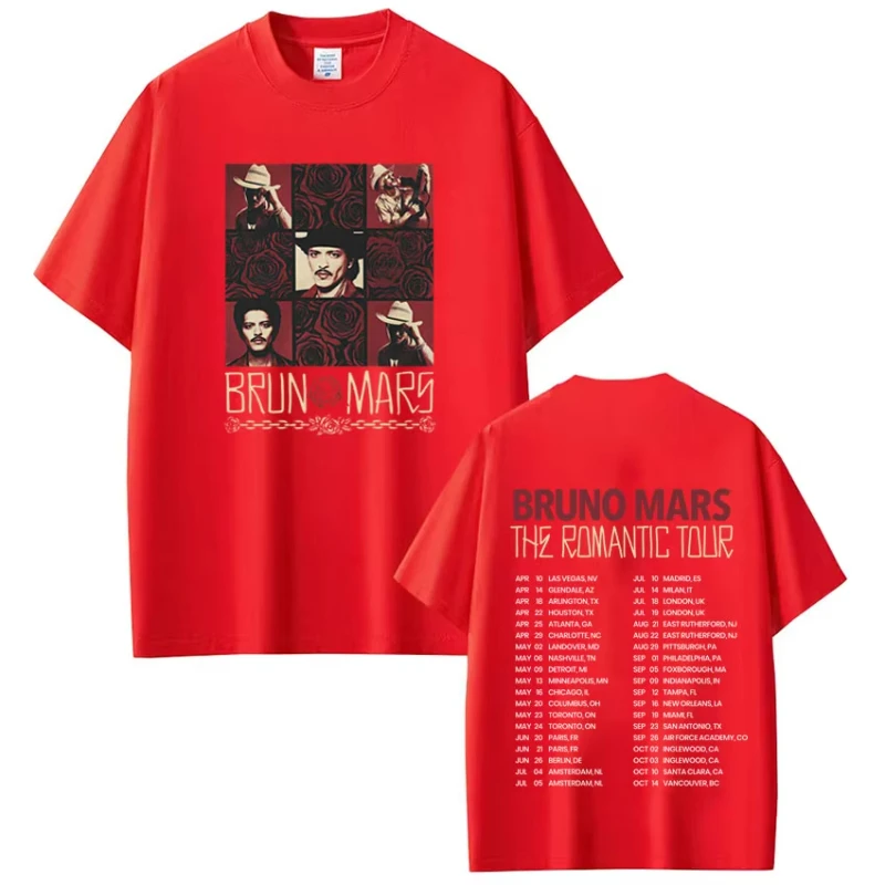 Rapper Bruno Mars The Romantic 2026 Tour Print Tshirt Man Woman Fashion T-shirt Short Sleeve Cotton Hip-hop T-shirts Fan gifts