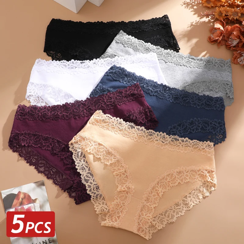 5 PCS Cotton Panties Women's Lace Briefs Sexy Low-Waist Lingerie Female Comfortable Soft Underwear Ladies Solid Color Panties