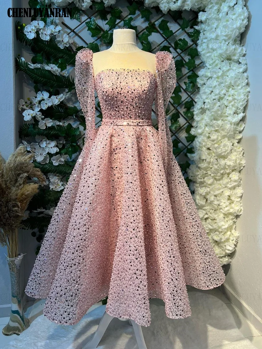 Elegant Dubai Pink Evening Night Dress for Women 2025 O Neck A line Beads Plus Size Customized Formal Prom Wedding Party Gowns