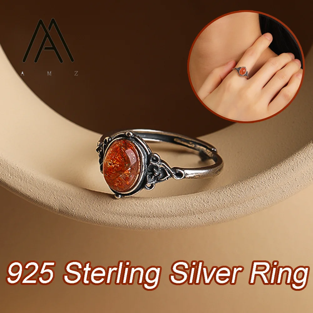 

925 Sterling Silver Ring Natural Gemstone Finger Ring Vintage Engraved Design Jewels for Women's Daily Wear Men's Ring Accessory