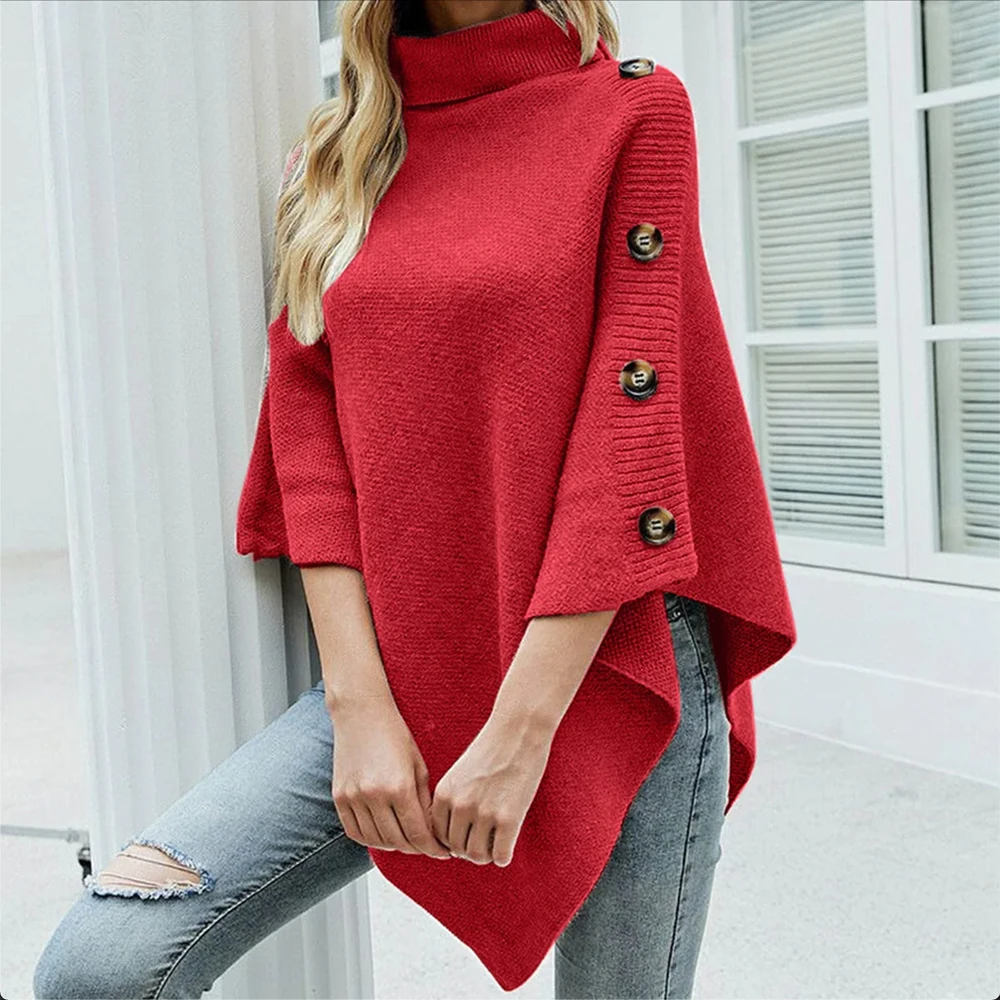 Women\'s Knitting Cape 2023 Autumn Winter Pullover Turtleneck Sweater Coat Jackets Solid Color Tops Korean Fashion Female Clothin