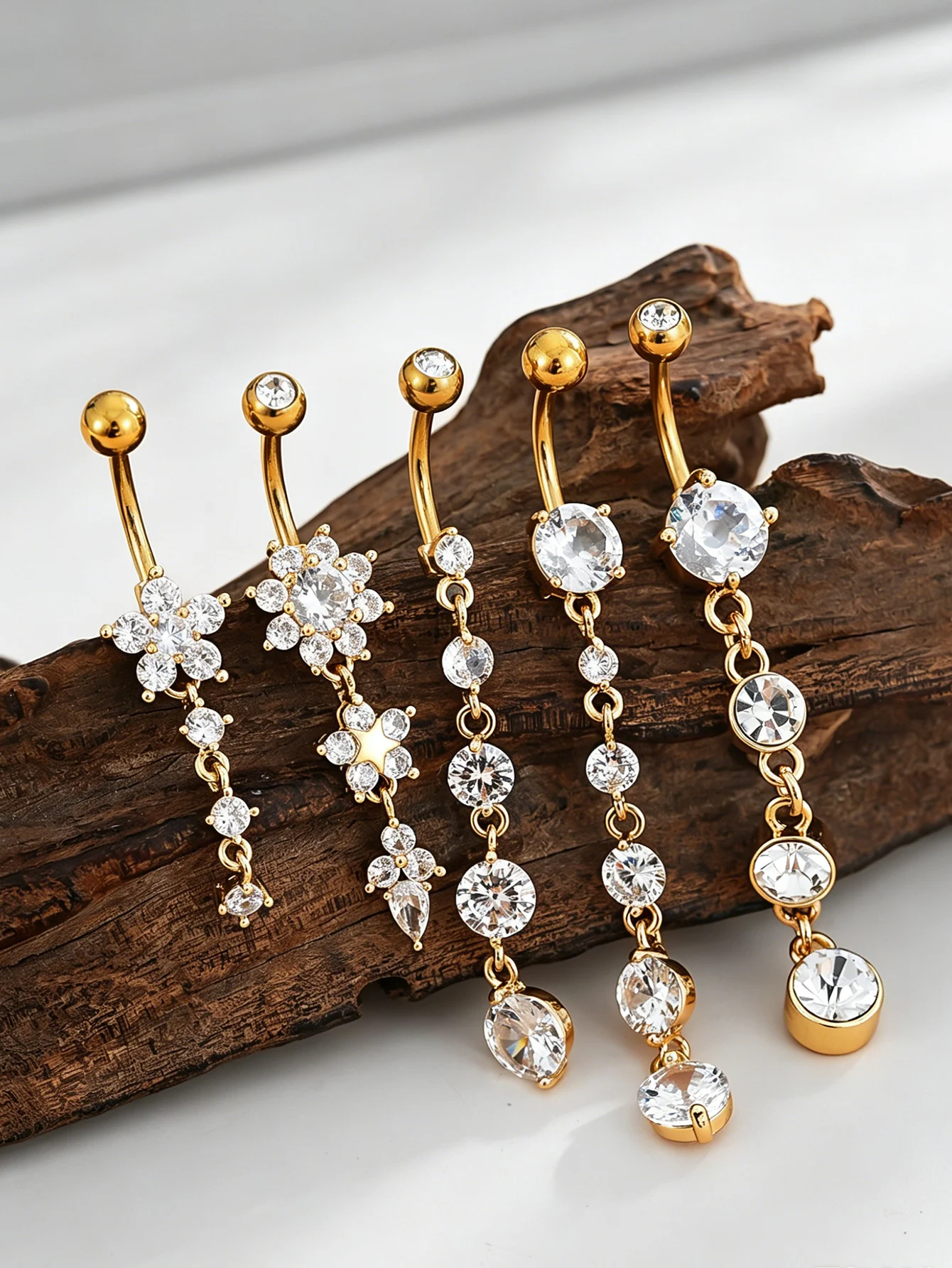 5 Stück/Set Lange baumelnde Bauchnabelringe mit funkelnden Kristallen CZs, Bauchnabelring aus Edelstahl, gebogenes Bauchpiercing Nombril Ombligo – Detail 5