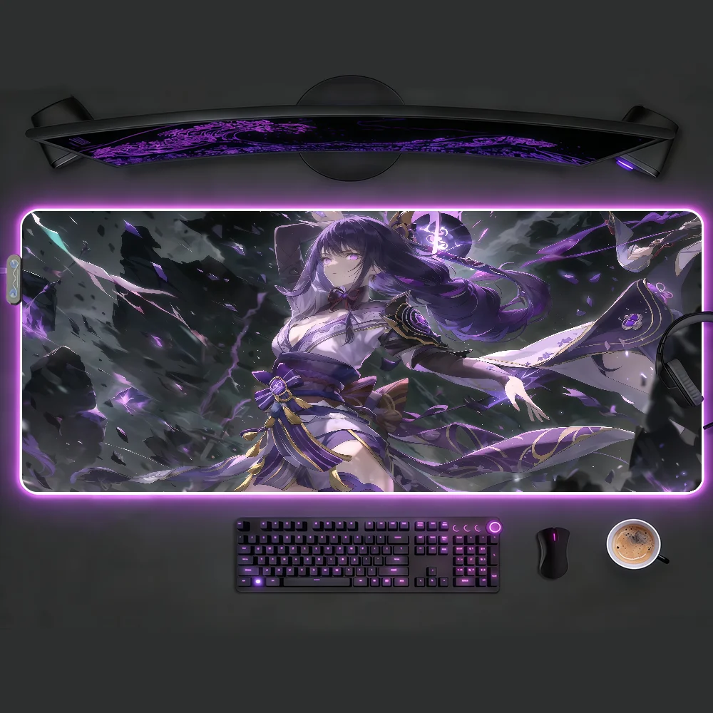 Genshin Impact Raiden Shogun MousePad RGB LED Non-slip Rubber Gaming Accessories Large XXL Computer Office Keyboard DeskMat