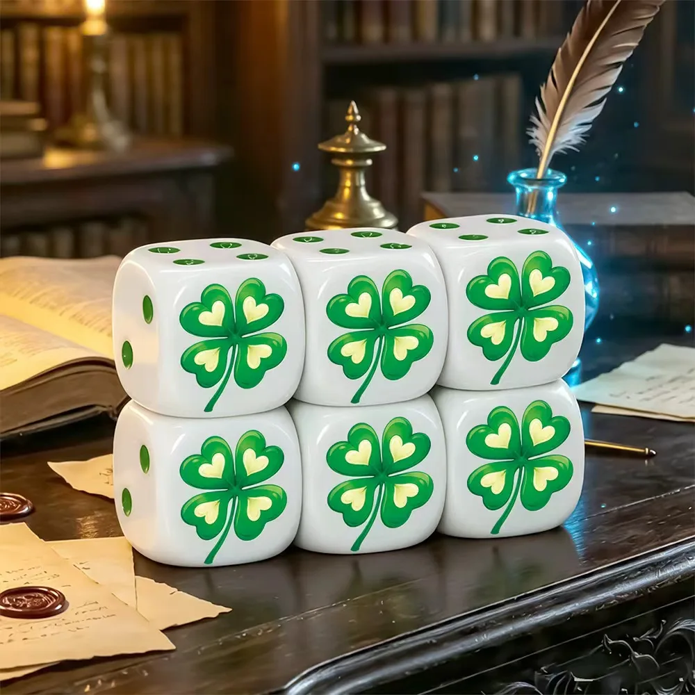 6Pcs Lucky Four Leaf Clover D6 Dice Set for Board Games DND Role Playing Family Game Night MTG Dice Collectors Gamers