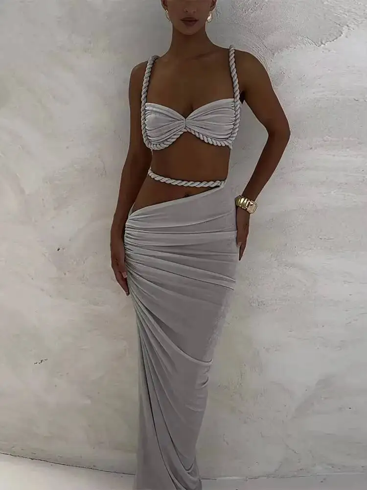 

Square Collar 2 Piece Set Women Bra+Skinny Long Skirts Bandage Ruched 2025 Summer Vacation Beach Party Trend Suits CCC8