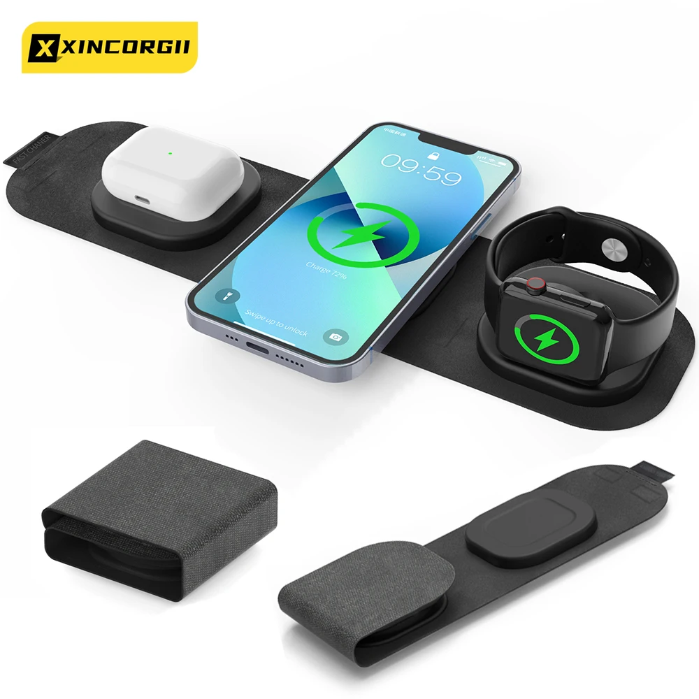 

3 in 1 Foldable Magnetic Wireless Charger For iPhone 13/12 Pro/XS/X/8 Plus QI 30W Wireless Charging Pad For Airpods Pro/iWatch