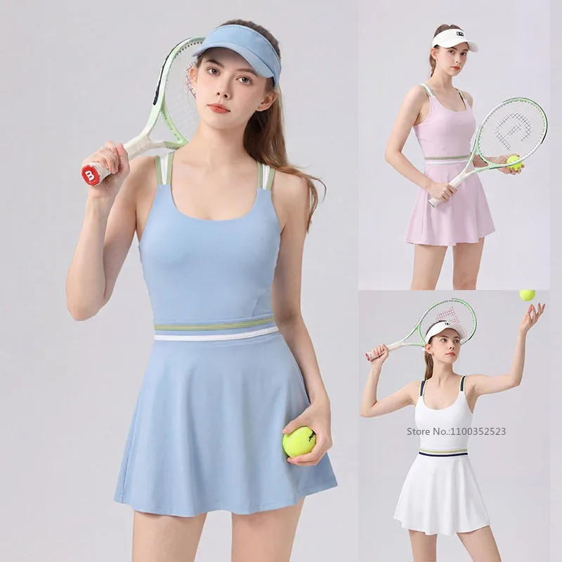 Tennis Dress Women Sleeveless Golf Sport Skirts with Bra and Short Ladies Hollow Backless Training Fitness Badminton Dresses