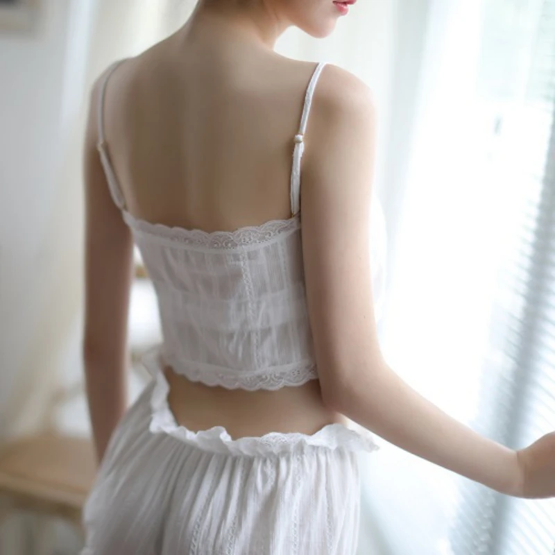 Pajamas Women Summer Sexy Sleepwear Lace Sleeveless Tops Flared Shorts Loose Loungewear White Pajama Sets Two Piece Suit